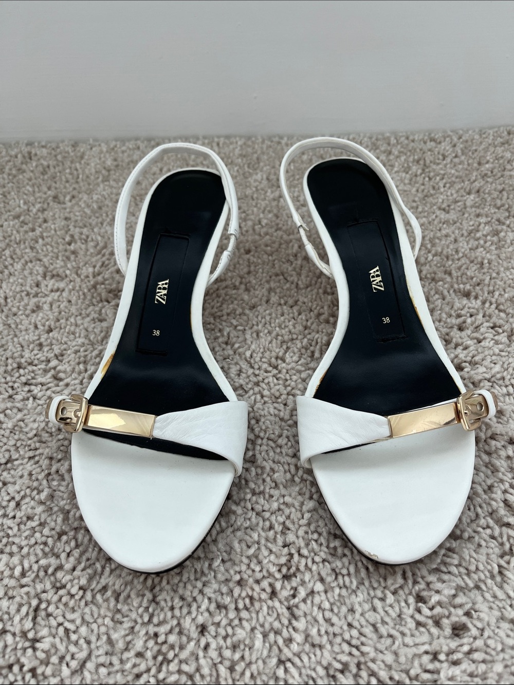 Zara White Leather Slingback Sandals with Gold Buckle Detail
